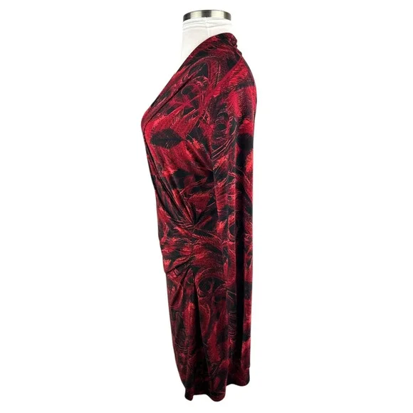 Norma Kamali Faux Wrap Dress Red & Black Feather Print Size XXL 2XL Office Chic - Picture 10 of 16